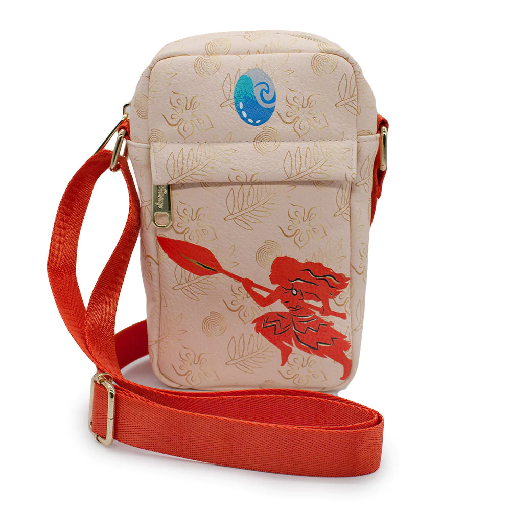 Moana Paddle Pose Silhouette and Floral Icons Beige/Orange Cross Body Bag