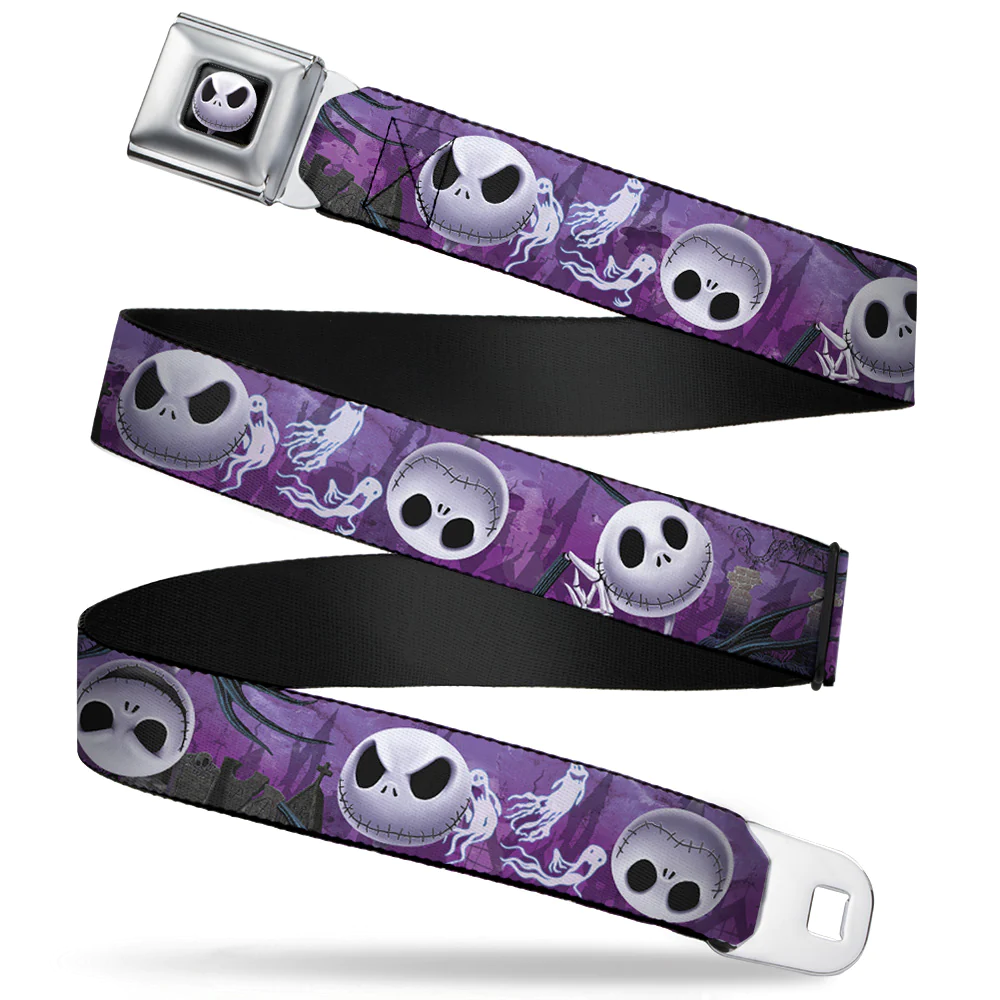 Nightmare Before Christmas Jack Expressions/Ghosts in Cemetery Purples/Grays/White Webbing - Seatbelt Belt