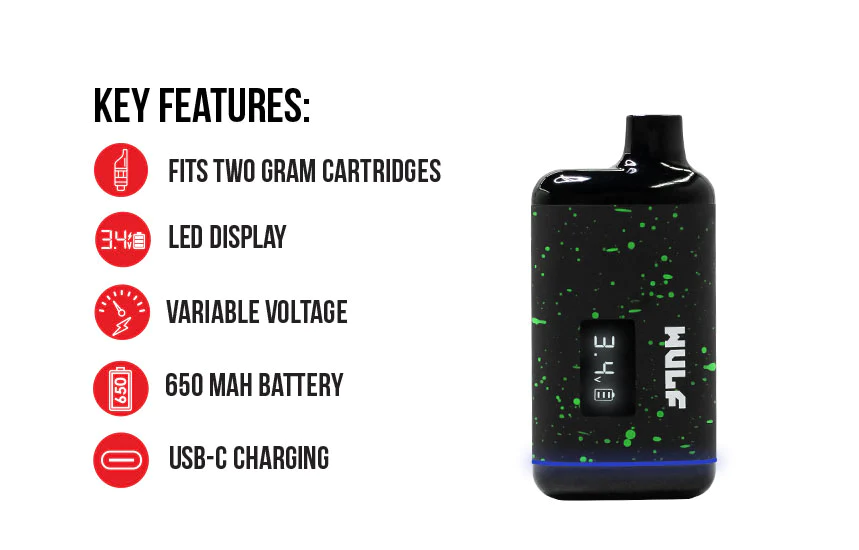 Wulf Recon Cartridge Vaporizer 650MaH Battery, LED Display, Fits 2 Gram Cartridges (Mint Black Splatter)