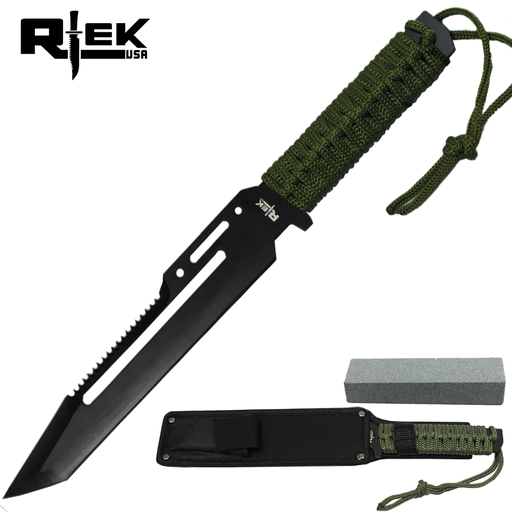 14" RTEK Black Blade Cord Wrapped Combat Knife with Sheath & Stone