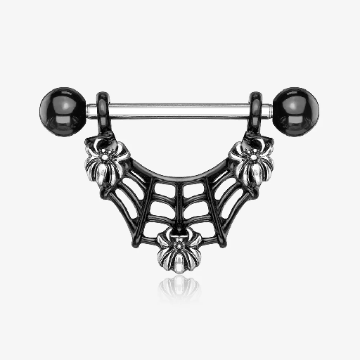 3 Spiders On Black IP Spider Web Dangle 316L Surgical Steel Nipple Ring