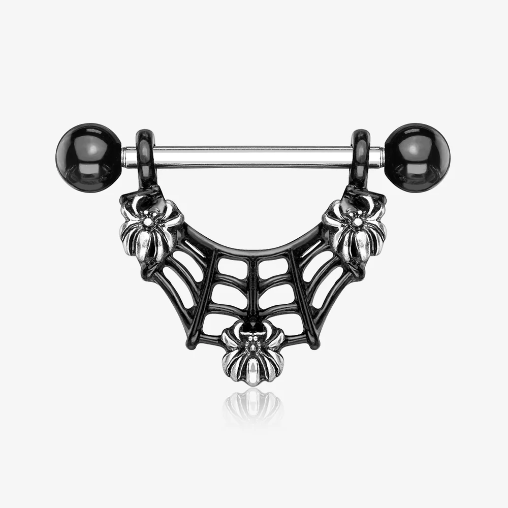 3 Spiders On Black IP Spider Web Dangle 316L Surgical Steel Nipple Ring