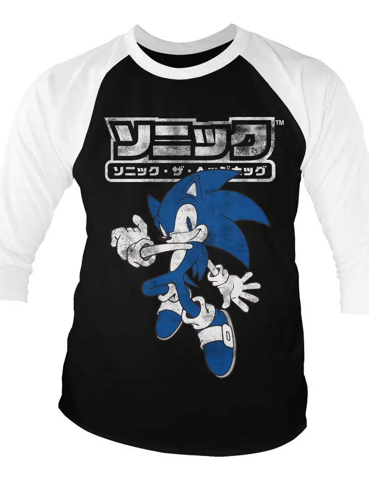 Sonic The Hedgehog Japanese Logo Baseball 3/4 Sleeve Tee - Black (Small)