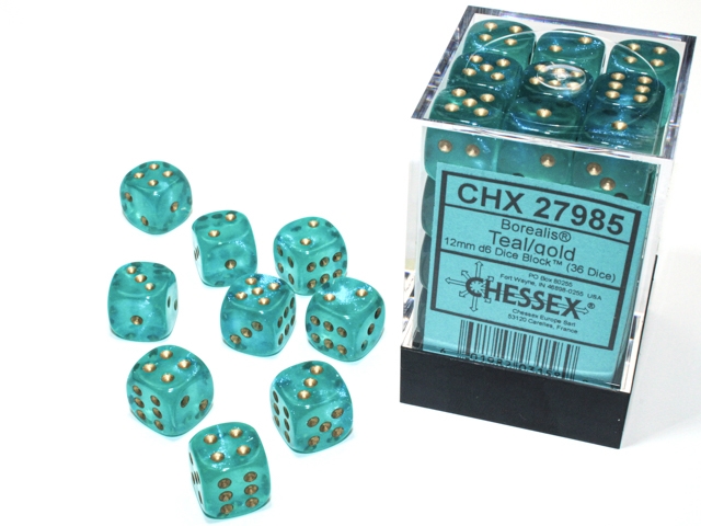 Chessex Borealis 12mm d6 Teal/gold Luminary Dice Block